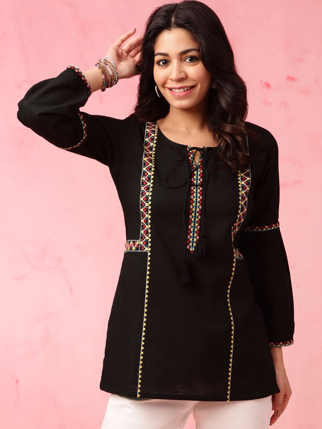 Anouk Black Geometric Embroidered Tie Up Neck Pure Cotton Short Kurti