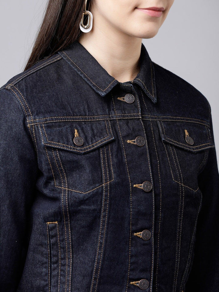 Tokyo Talkies Wanita Jaket Denim Pepejal Tentera Laut Biru