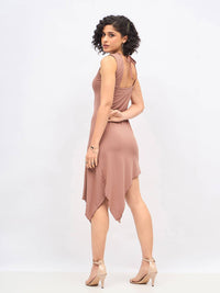 SASSAFRAS Brown Asymmetric A-Line Midi Dress