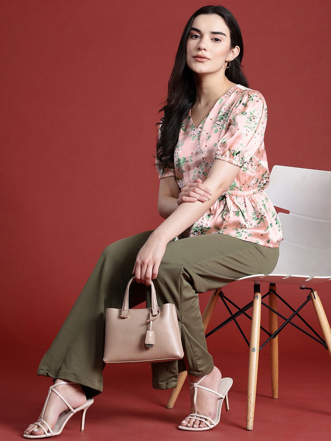 all about you Floral Print Cinched Waist Satin Finish Top