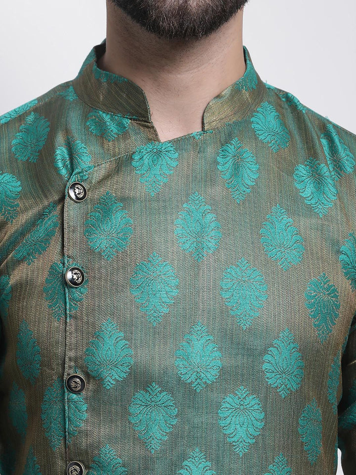 SOJANYA Woven Design Mandarin Collar Silk Cotton Angrakha Kurta