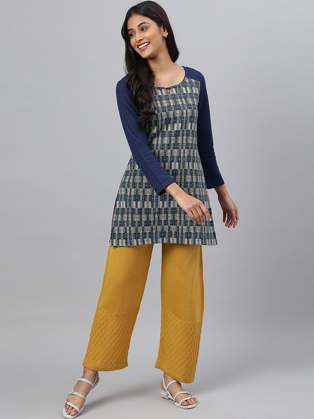 Aurelia Women Blue Geometric Print Cotton Blend Straight Kurta
