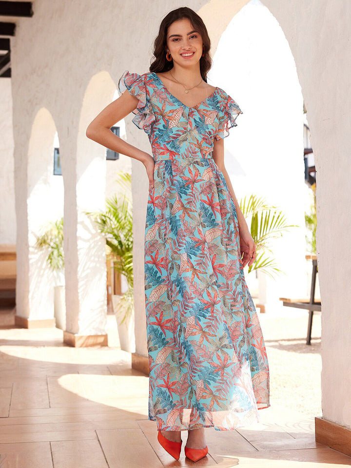 STREET 9 Tropical Printed Flutter Sleeves Georgette Maxi Dress