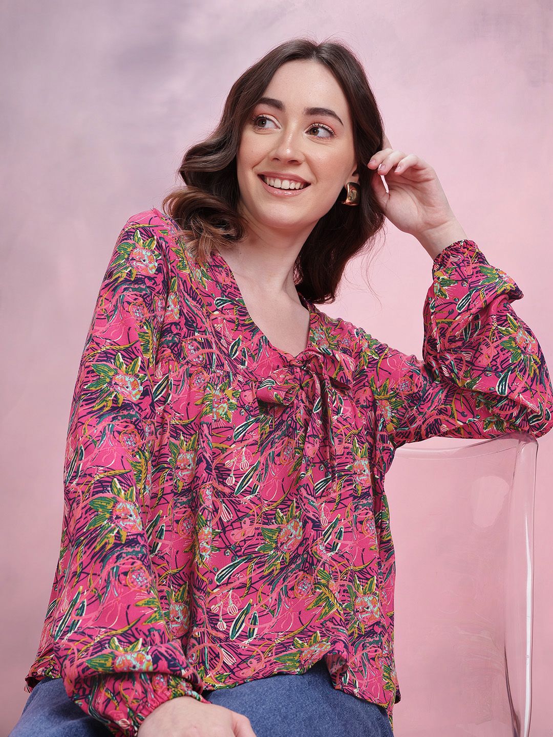 DressBerry Tropical Print Tie-Up Neck Regular Top