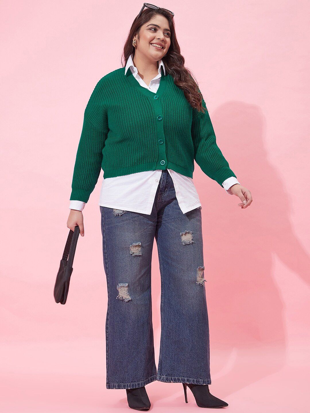 CURVY STREET Women Plus Size Ribbed Acrylic Crop Cardigan
