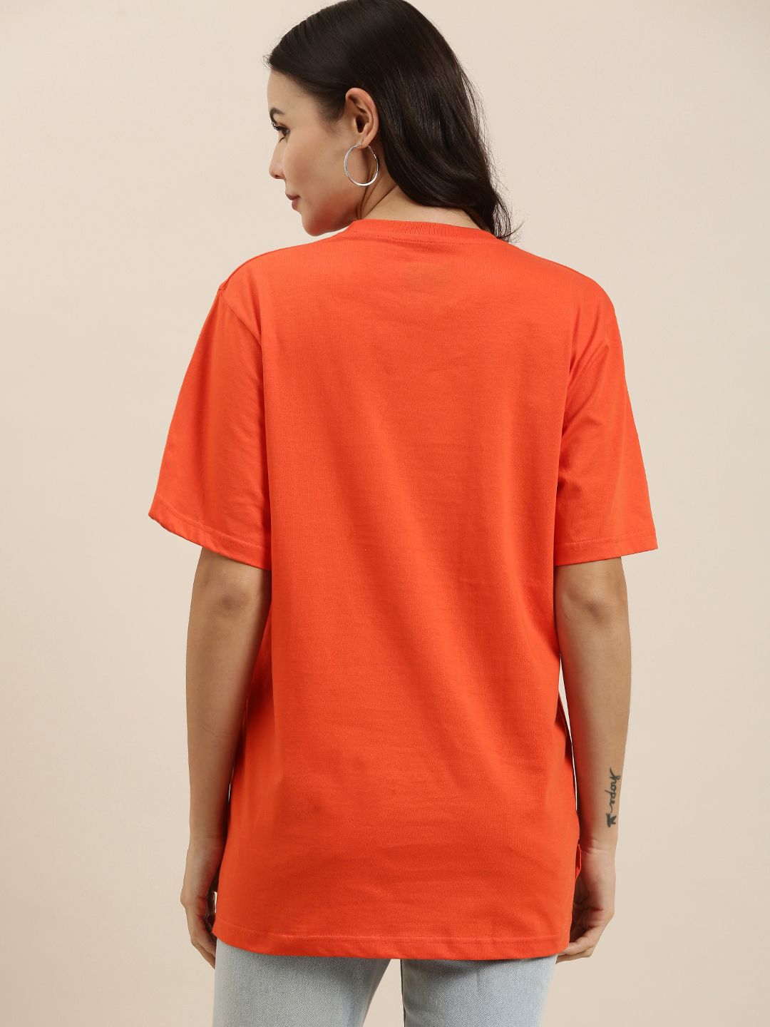 Difference of Opinion Women Orange Typography Printed Pure Cotton Oversized T-Shirt