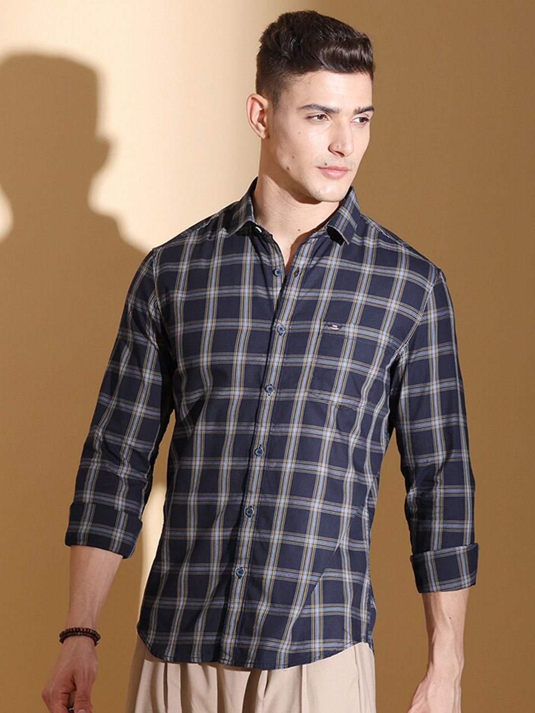 The Indian Garage Co Slim Fit Tartan Checked Twill Pure Cotton Casual Shirt