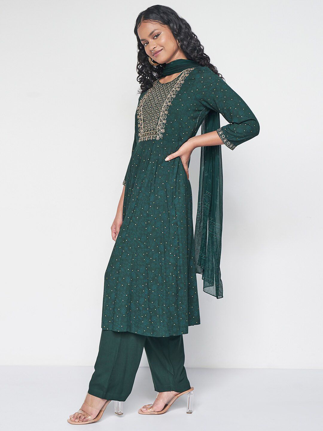 Global Desi Embroidered Kurta with Palazzos & With Dupatta