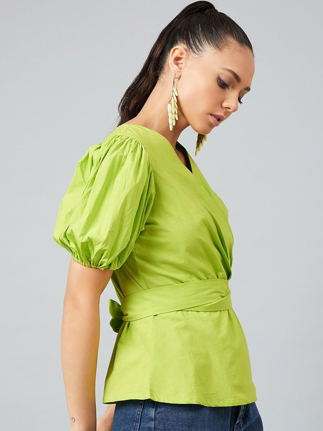 Athena Lime Green Knotted Wrap Top With Puffed Sleeves
