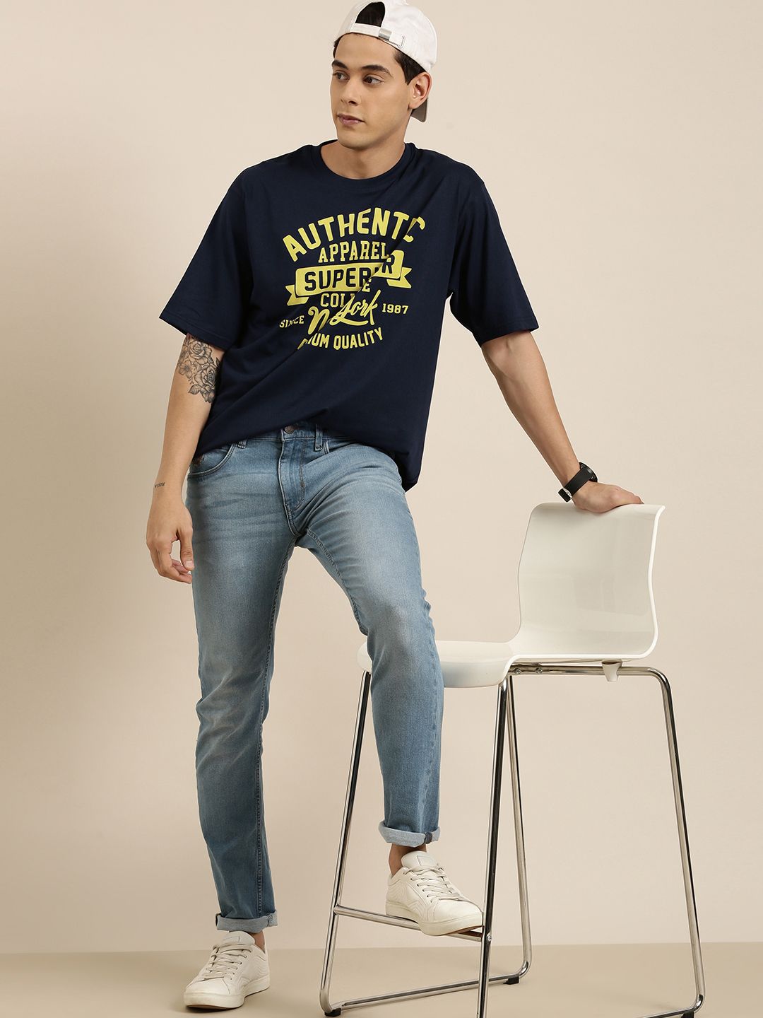 DILLINGER Men Navy Blue Typography Printed Pure Cotton Oversized  T-shirt