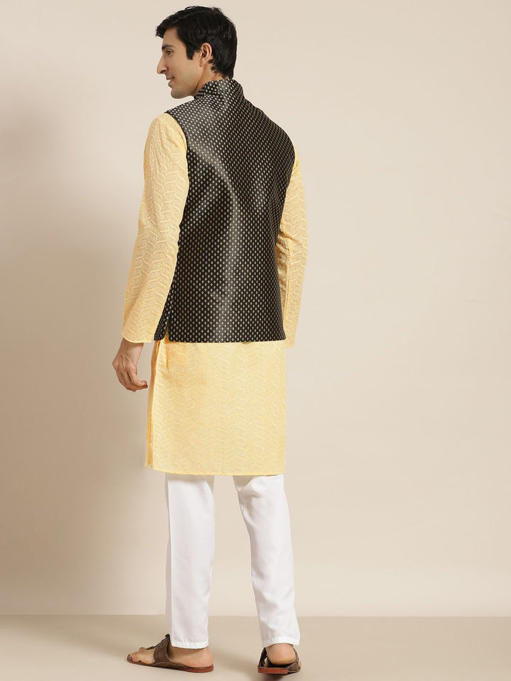 SOJANYA Men Yellow Ethnic Motifs Chikankari Pure Cotton Kurta with Churidar & Nehru Jacket
