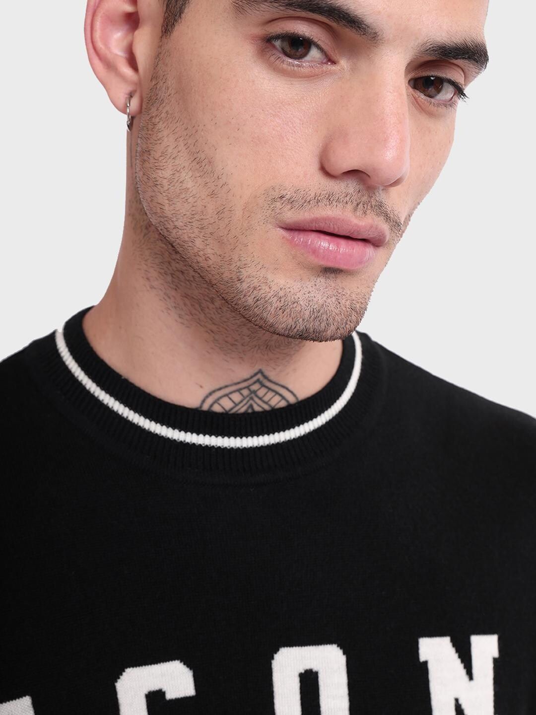 Bewakoof Men Jet Black ICON Typography Oversized Sweater