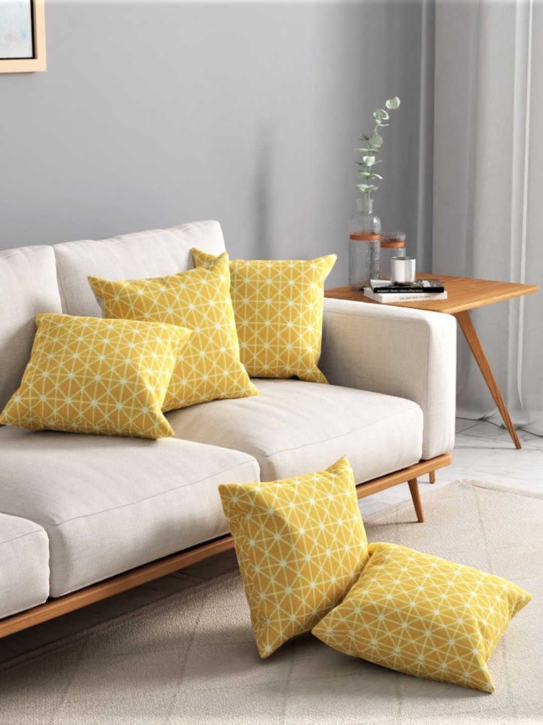 URBAN SPACE Yellow & White Pack of 3 Printed Square Cushion Covers