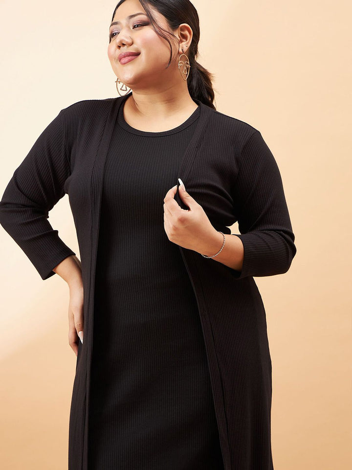 SASSAFRAS Curve Plus Size Black Ribbed Sleeveless Sheath Midi Dress With Shrug