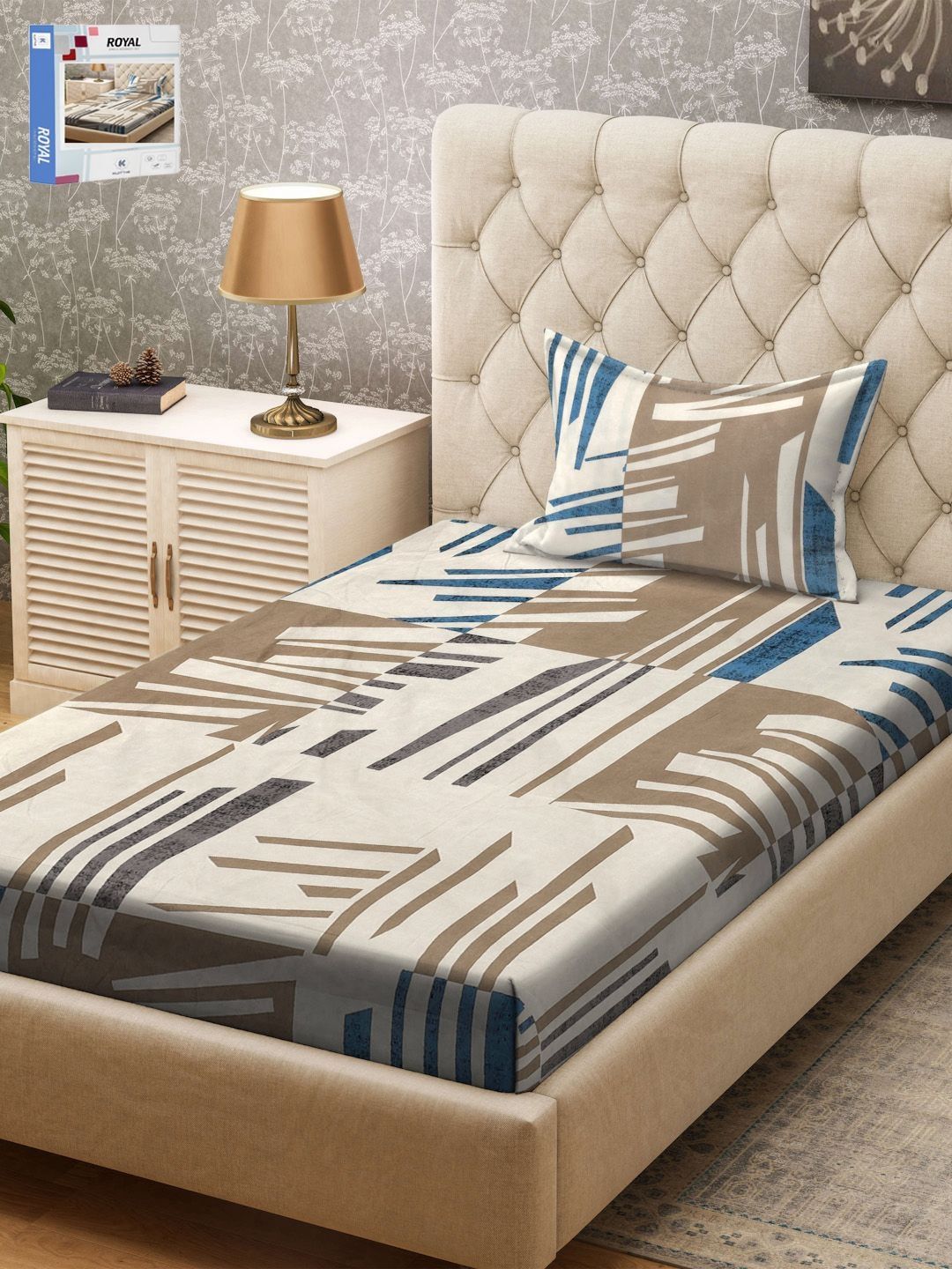 KLOTTHE Blue & Grey Abstract Printed 300 TC Single Bedsheet & Pillow Covers