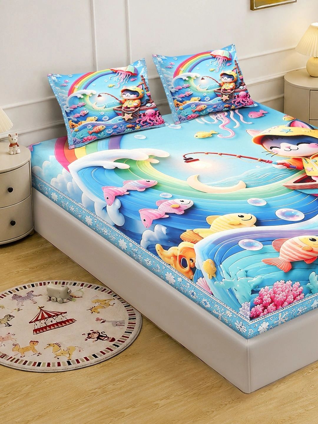 Moda Rapido X KLOTTHE Blue & White Cartoon Characters 400 TC Bedsheet with 2 Pillow Covers