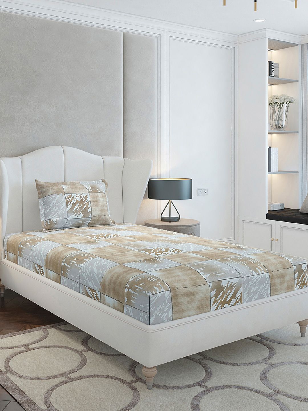 Monte Carlo Beige &amp; Grey Geometric Printed Cotton 104 TC Single Cadar Set-2.24mx 1.52m