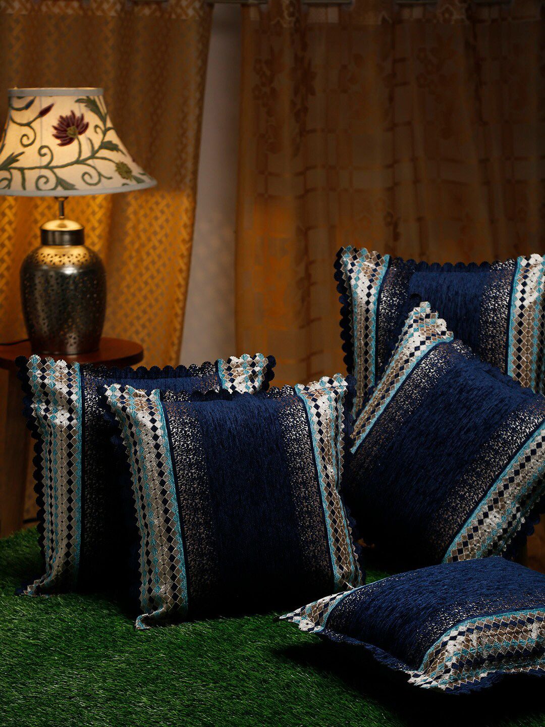 HOSTA HOMES Navy Blue & Beige Set of 5 Velvet Square Cushion Covers