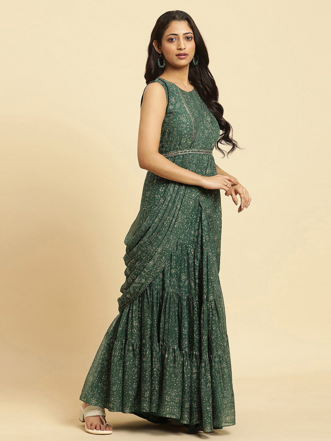 W Ethnic Motifs Printed Sequined Chiffon Tiered Maxi Ethnic Dress With Attached Dupatta