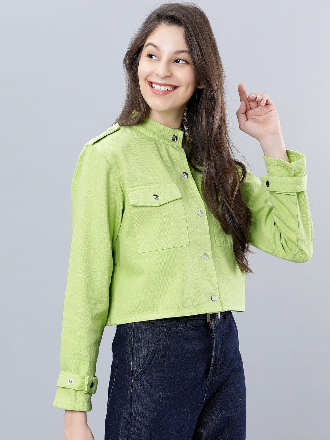 Tokyo Talkies Women Green Solid Crop Denim Jacket
