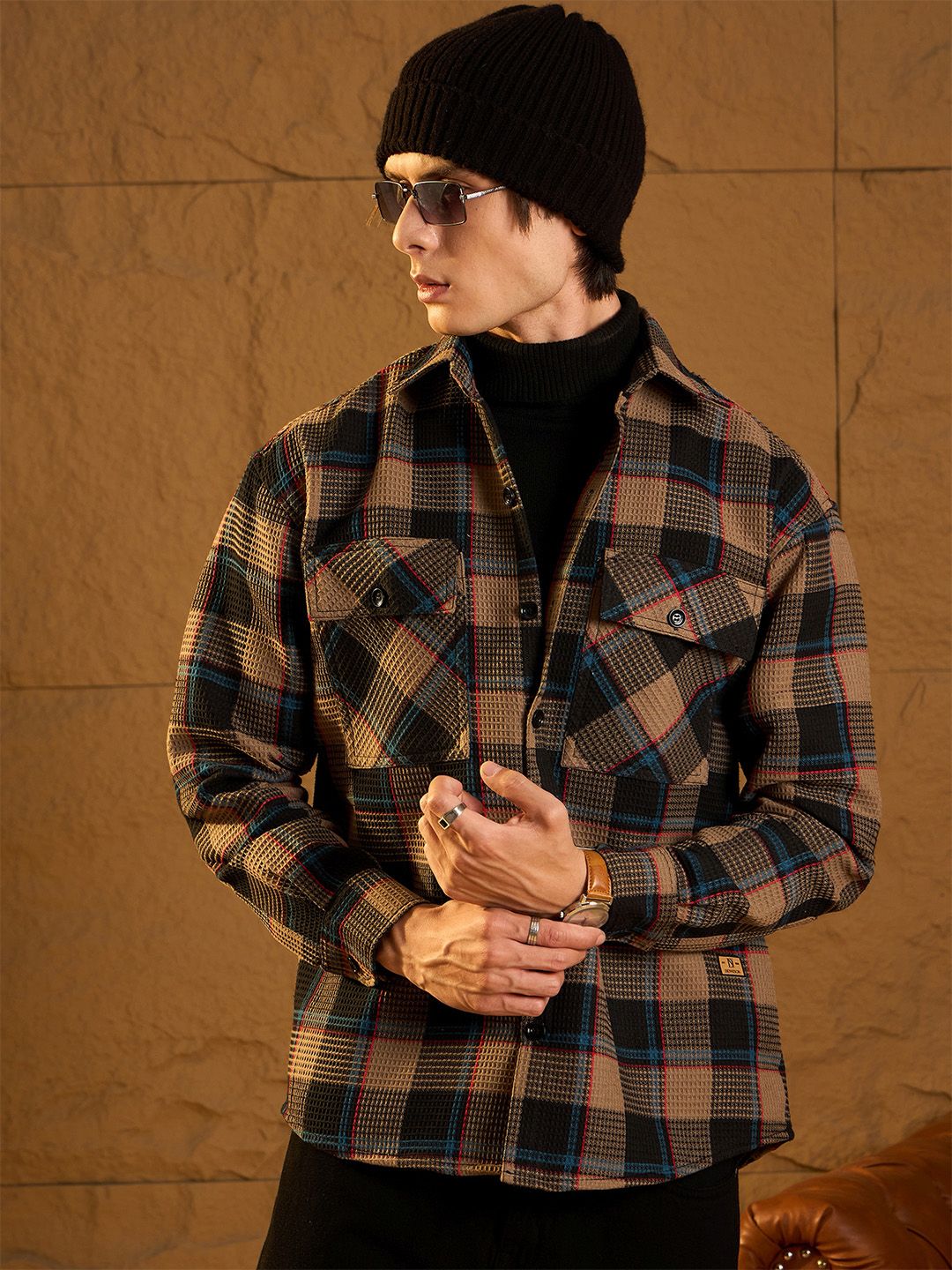DENNISON Men Double Pocket Drop Shoulder Oversized Cotton Checked Shacket