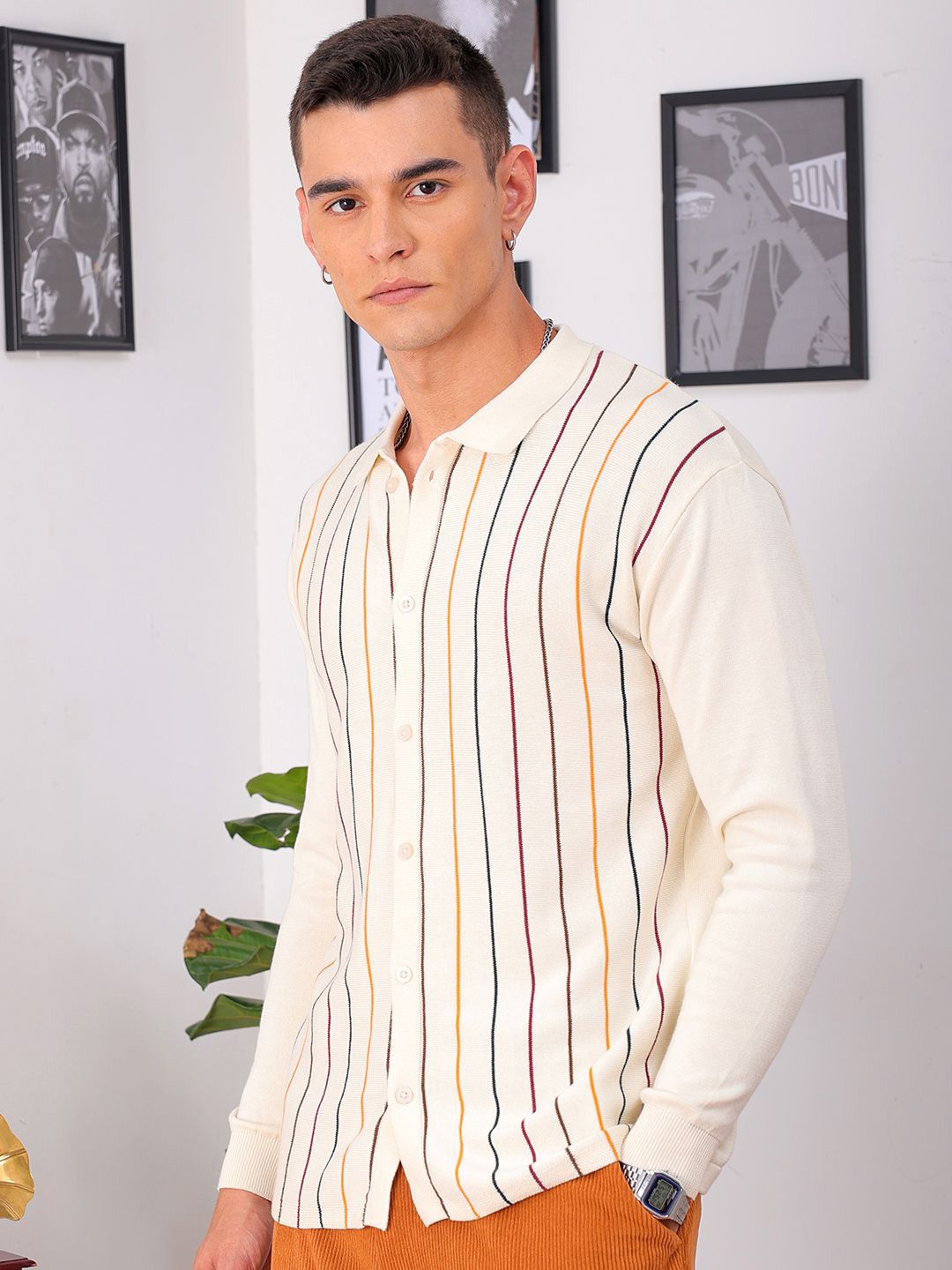 The Indian Garage Co Men Relaxed Fit Striped Flat Knit Polo Resortwear Shirt