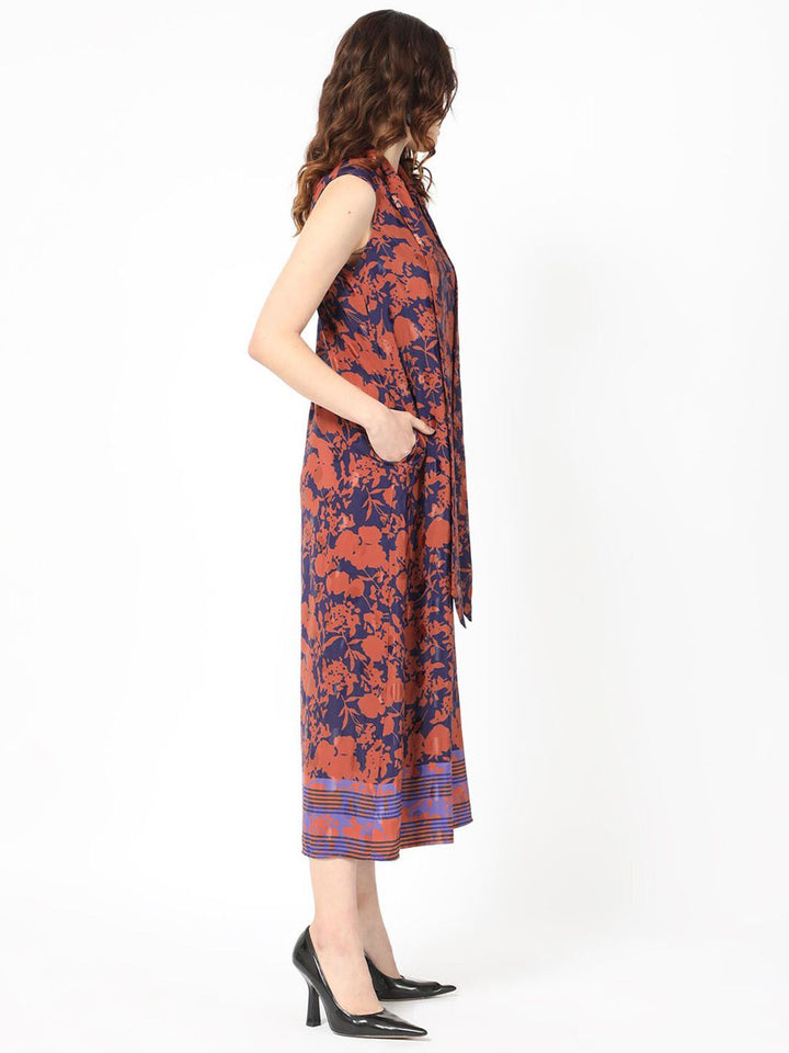 RAREISM Ellu Floral Printed Tie-Up Neck A-Line Midi Dress