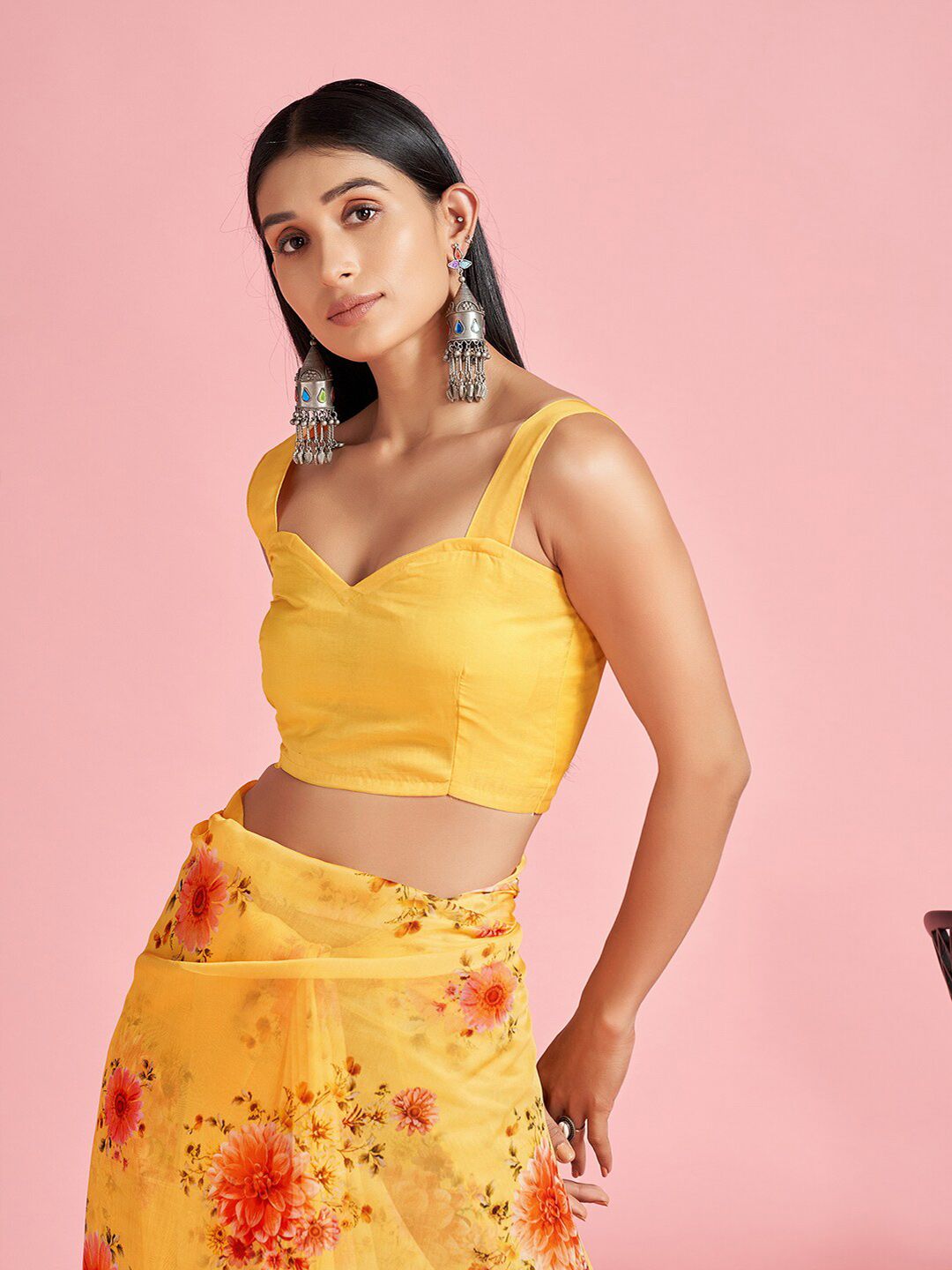 Saree mall Yellow & Red Floral Printed Organza Sarees