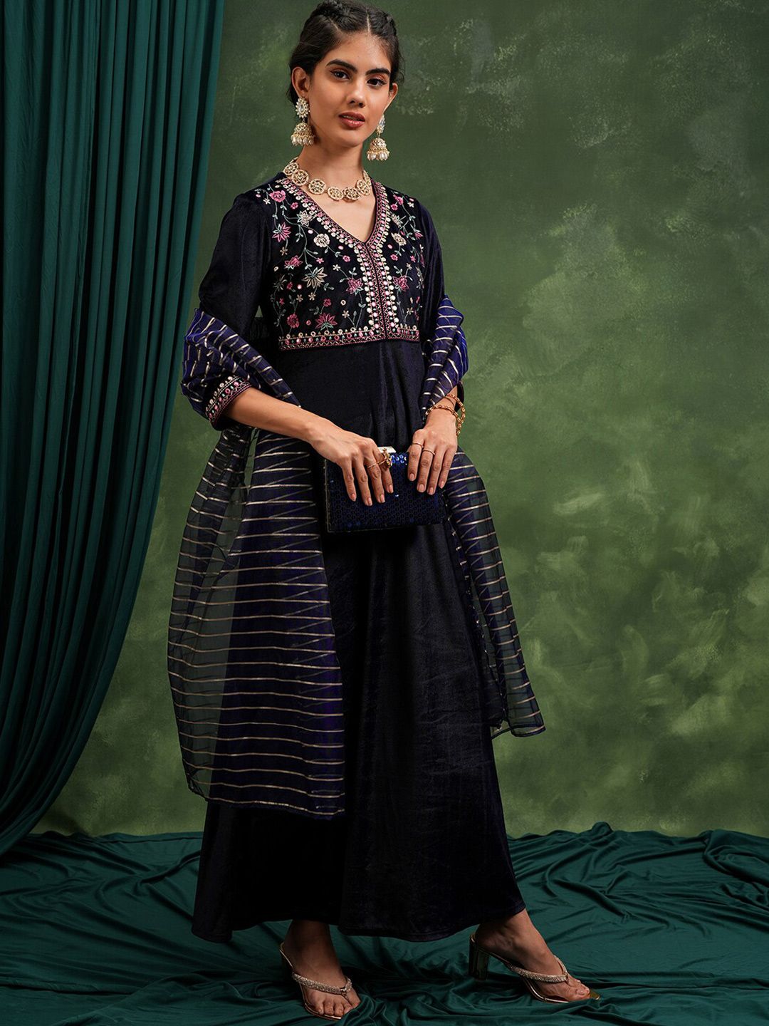 Vishudh Floral Embroidered V-Neck Maxi Ethnic Dress With Dupatta