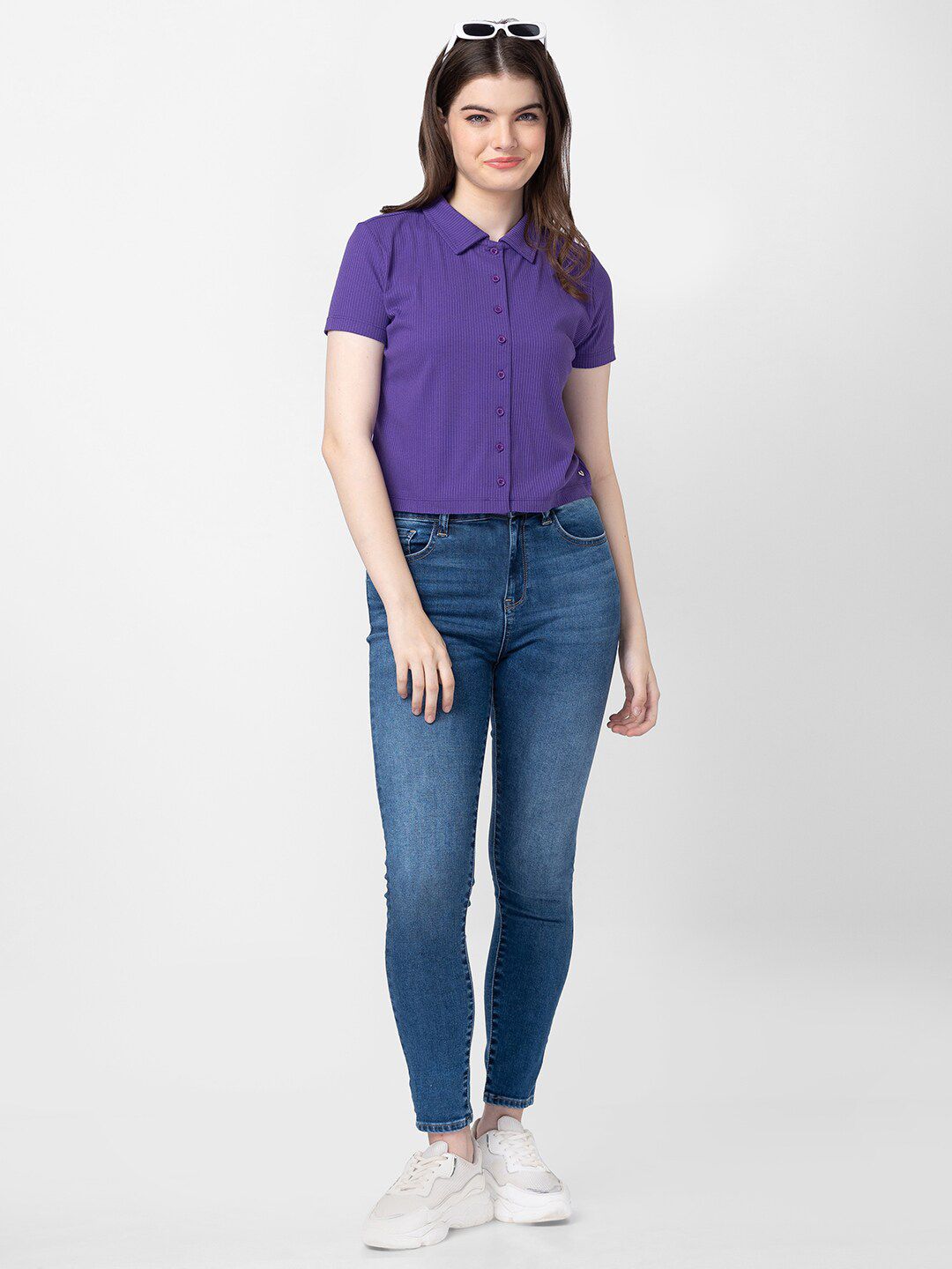 SPYKAR Women Slim Fit Crop Cotton Casual Shirt