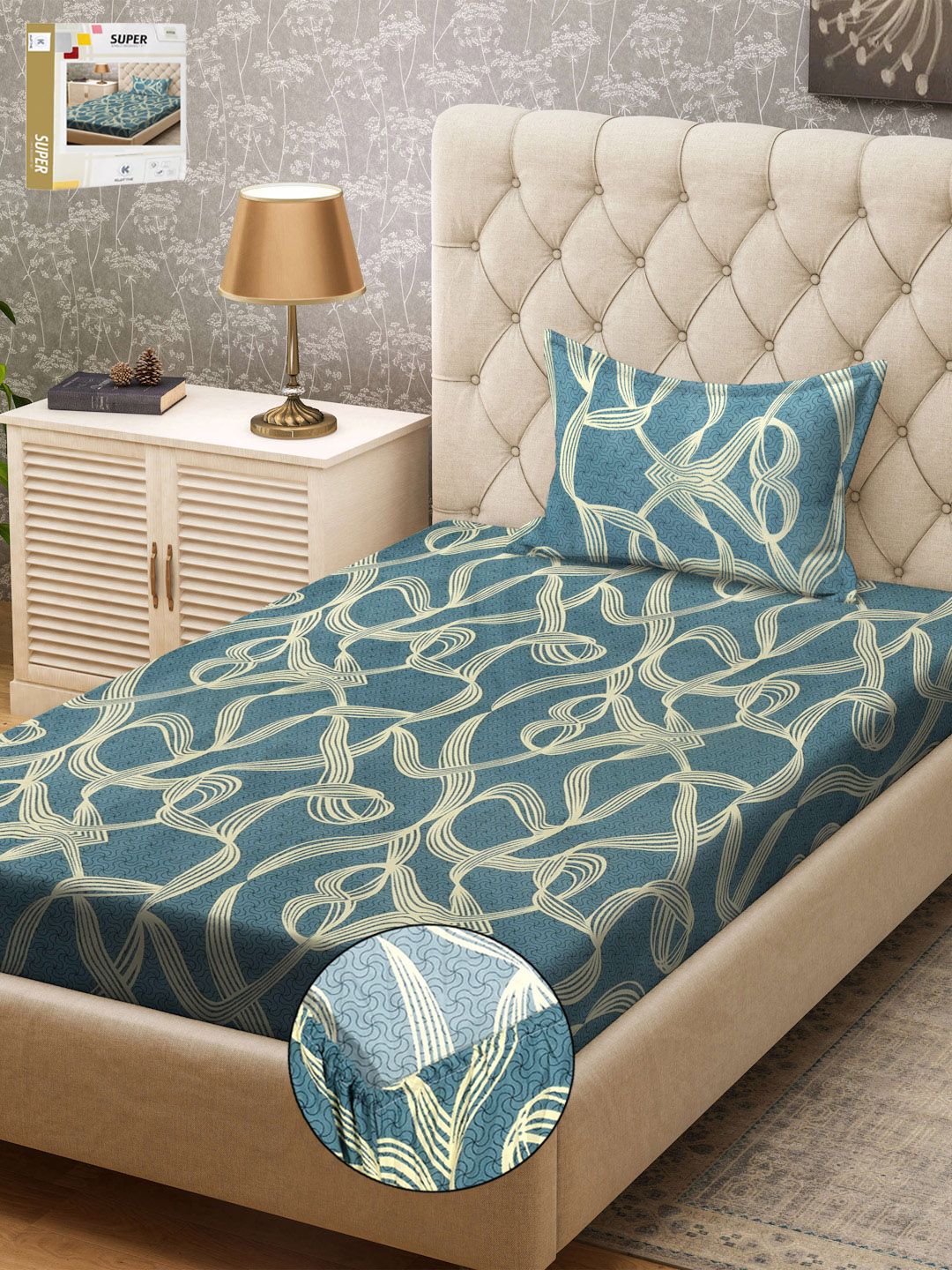 KLOTTHE Turquoise Blue & Yellow Printed 300TC Single Bedsheet & Pillow Covers