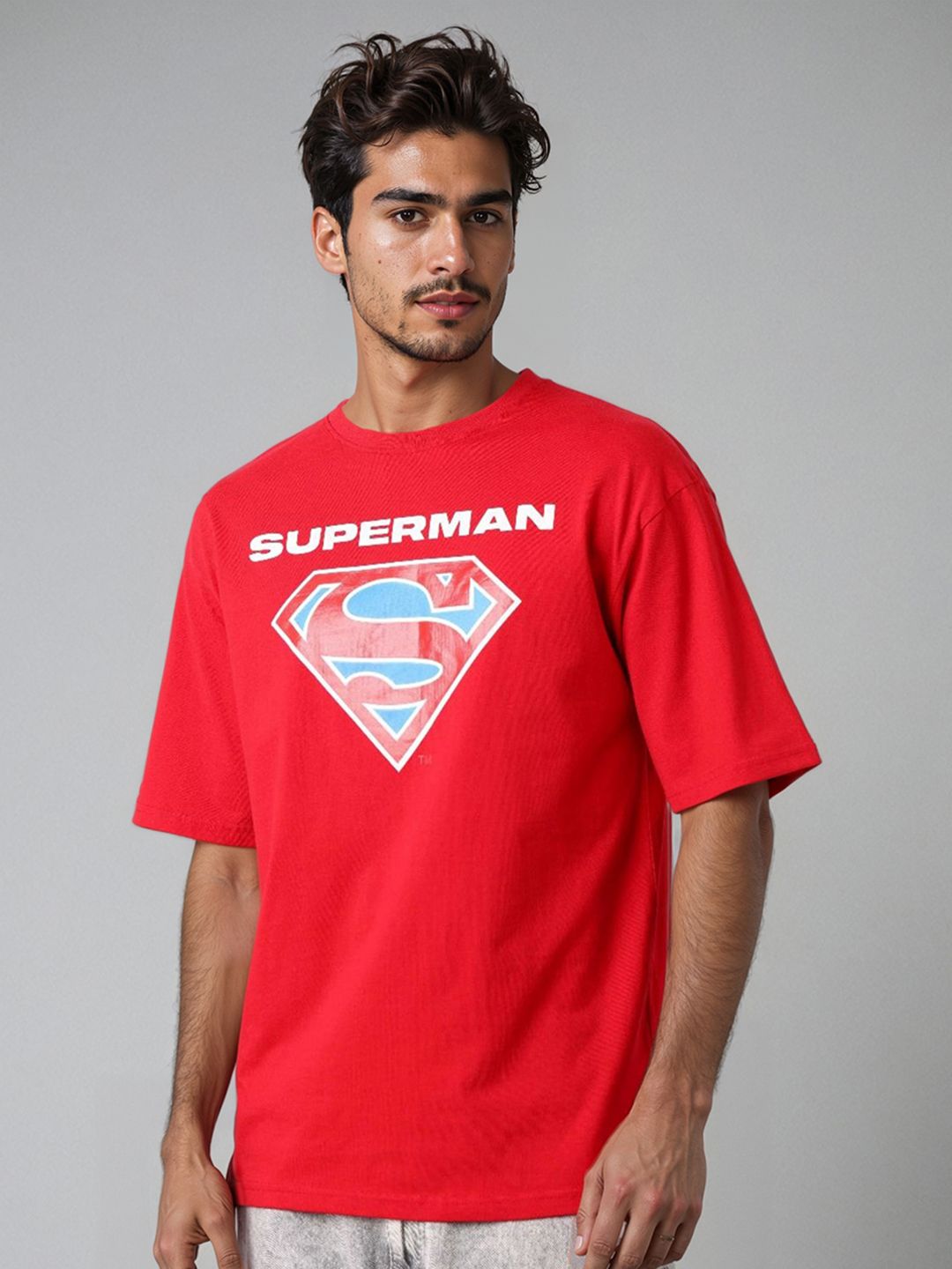 The Indian Garage Co Men Superman Graphic Printed Round Neck Pure Cotton Boxy T-shirt