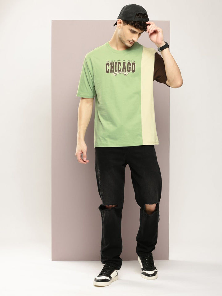 DILLINGER Men Typography Colourblocked Drop-Shoulder Sleeves Oversized Pure Cotton T-shirt