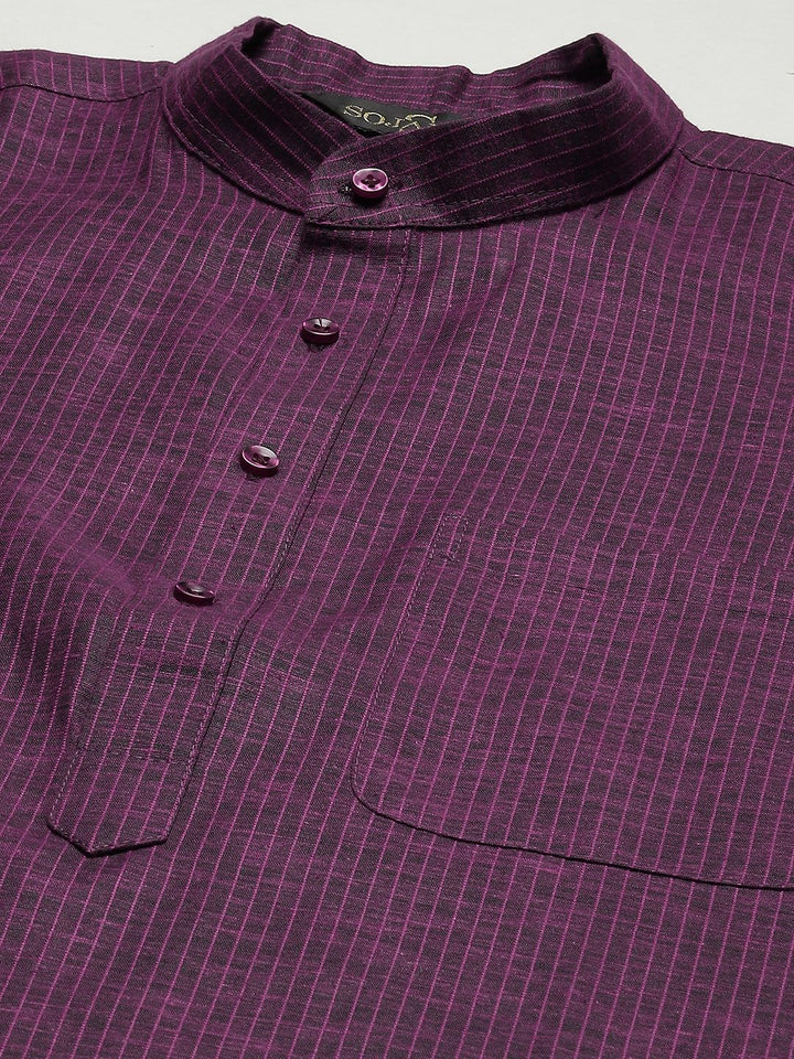 SOJANYA Lelaki Aubergine Striped Cotton Straight Kurta