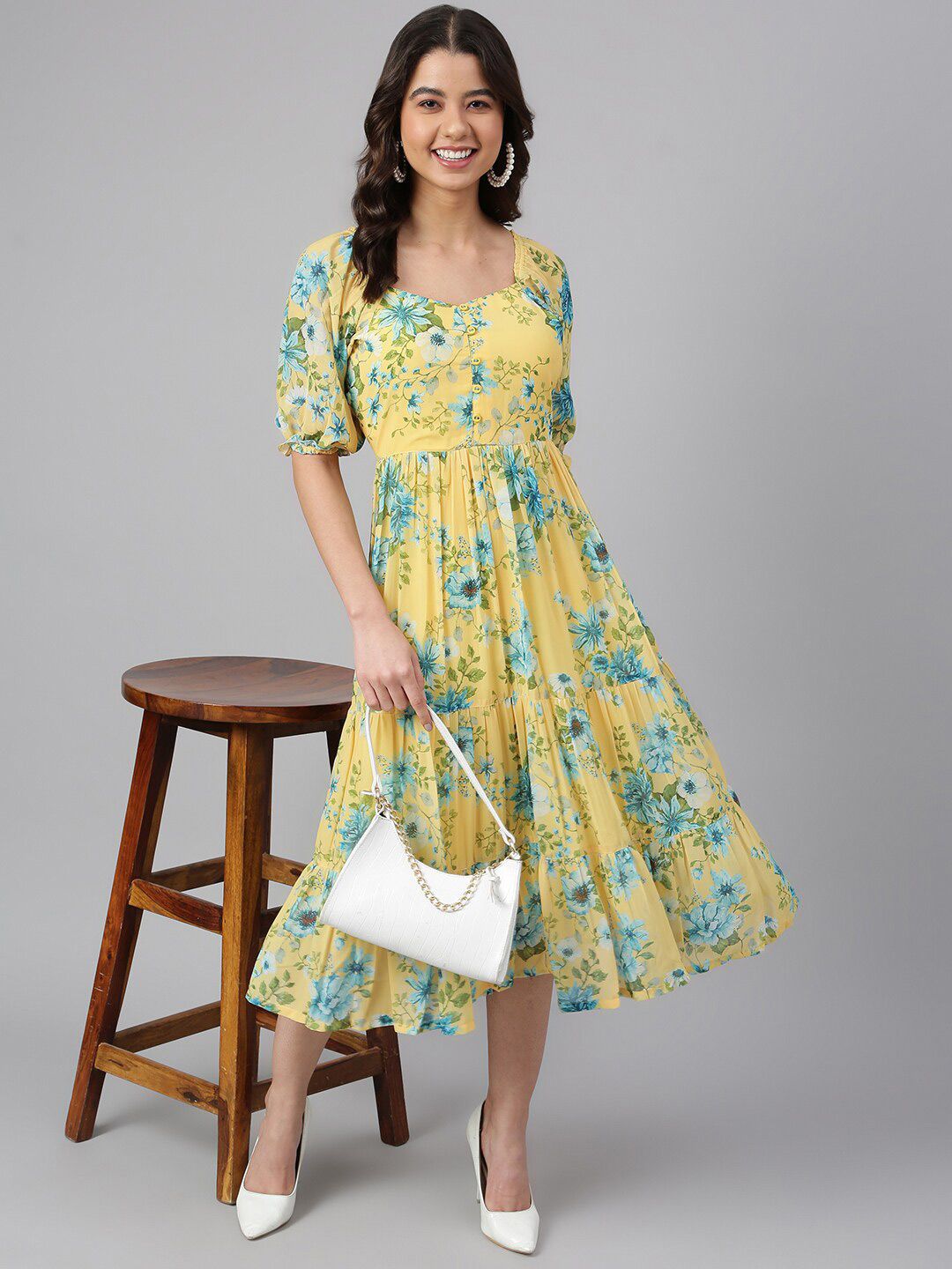 Janasya Women Yellow Georgette Floral Printed Flared Dress