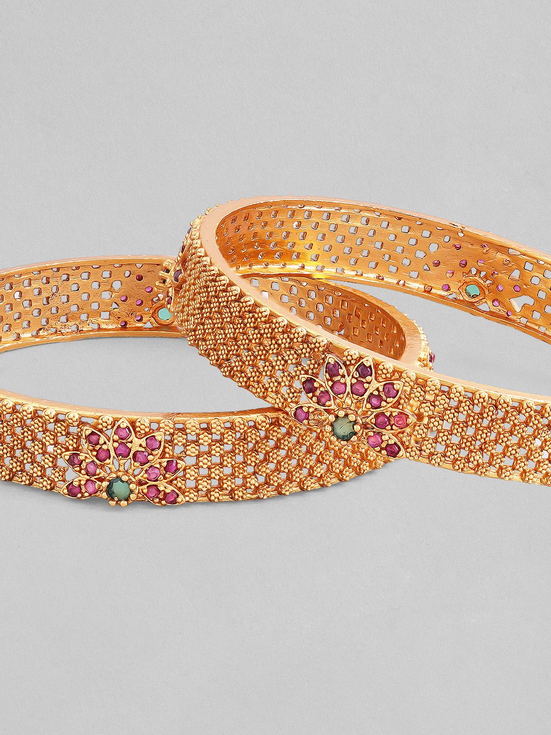 Rubans Set of 2 22K Gold Plated Ruby Pink & Emerald Green Stone Studded Bangles