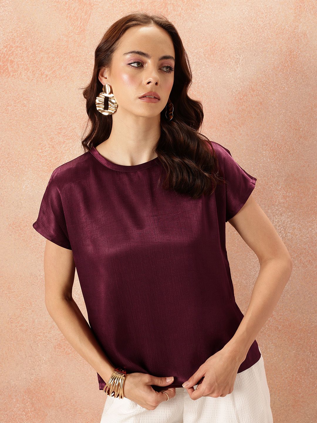 all about you Crinkle Effect Extended Sleeves Satin Finish Top