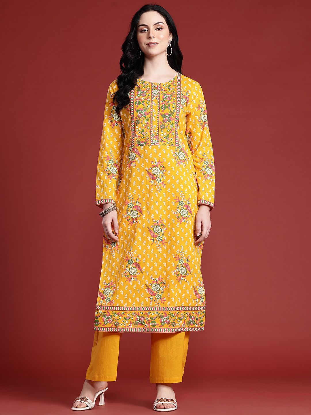Anouk Women Indie Floral Print Regular Pure Cotton Kurta with Trousers