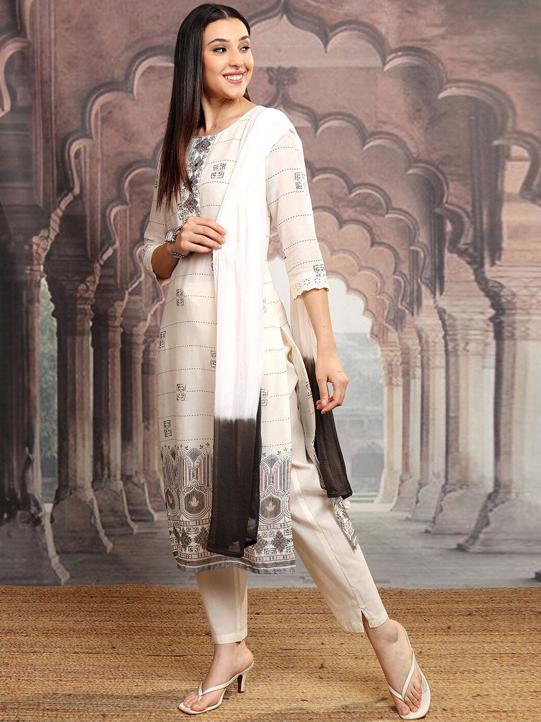 Vishudh Off White Ethnic Printed Thread Work Pure Cotton Kurta with Trousers & Dupatta