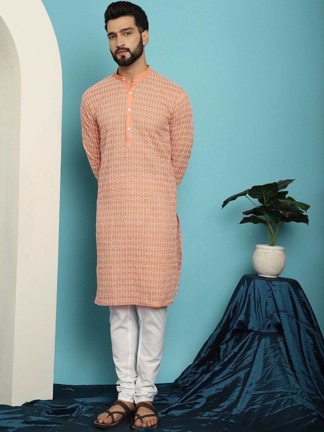 SOJANYA Embroidered Sequinned Pure Cotton Kurta with Pyjama Set