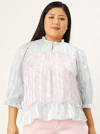 AND Floral Print Mandarin Collar Puff Sleeve Top