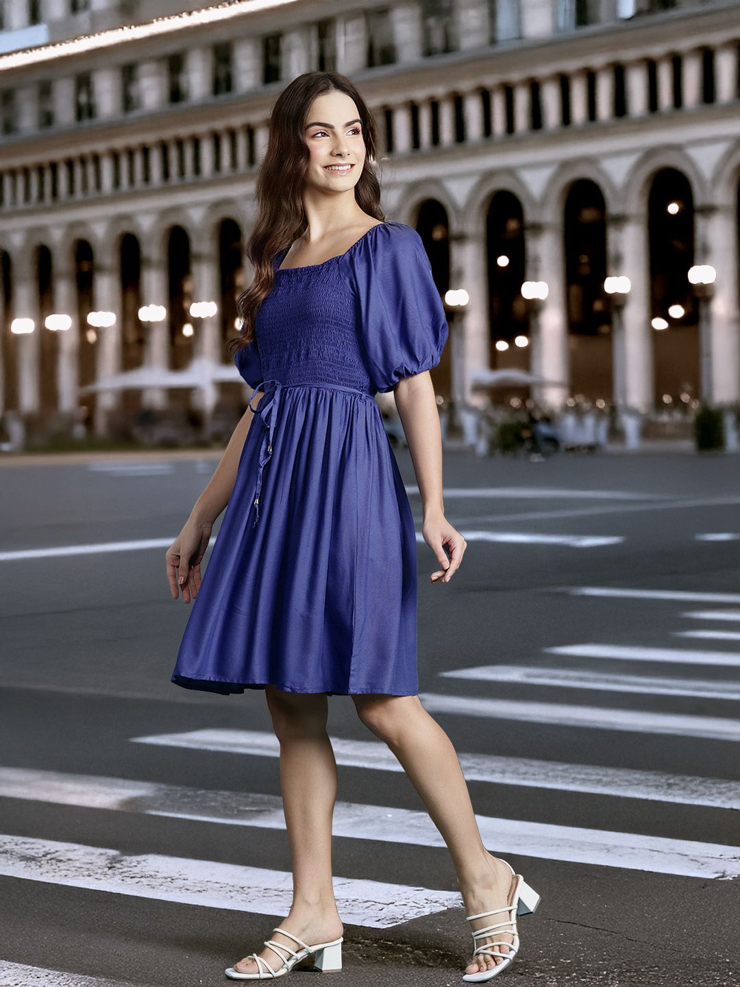 DressBerry Puff Sleeve A-Line Mini Dress with Belt