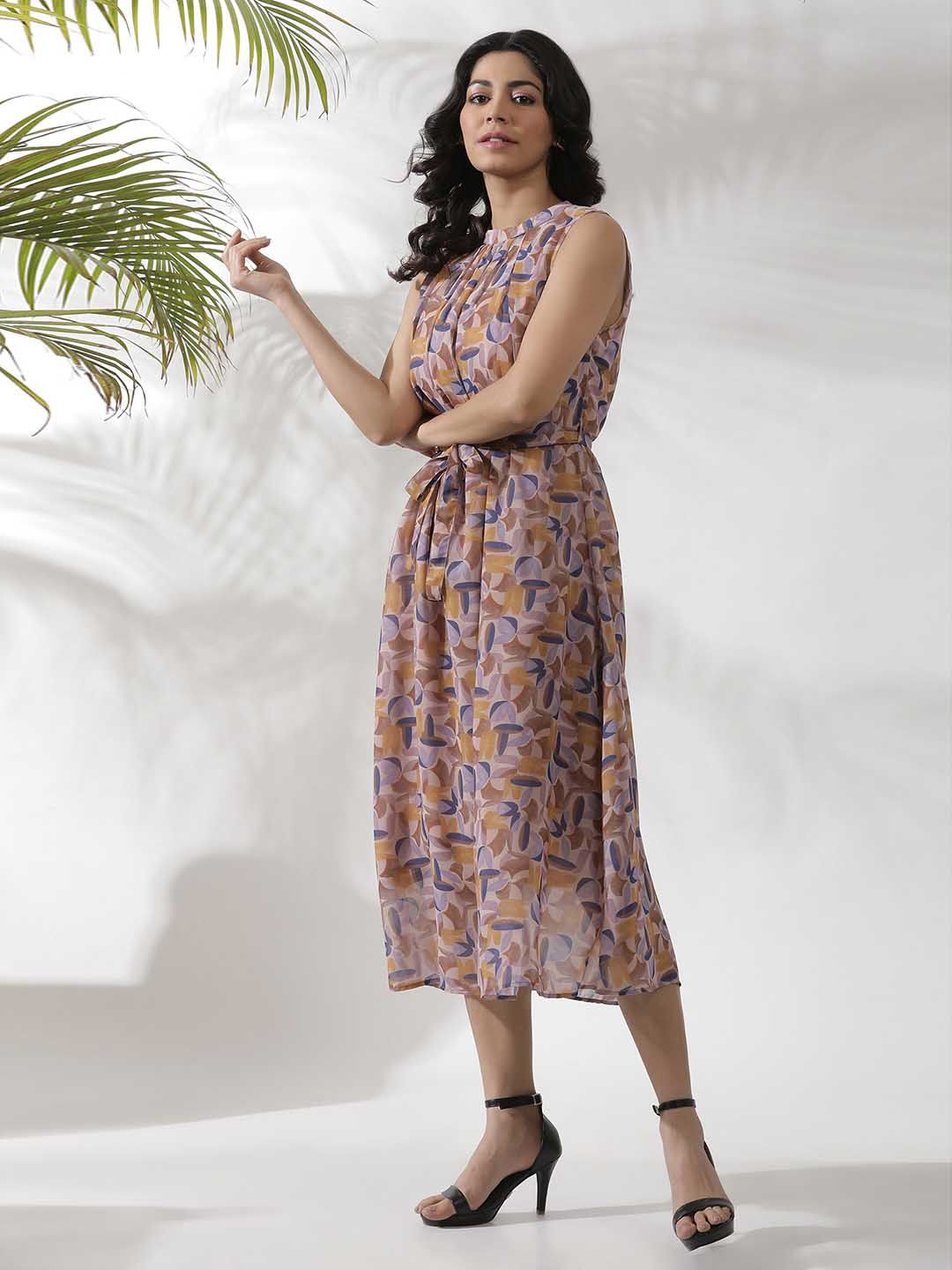 W Abstract Printed Sleeveless A-Line Midi Dress
