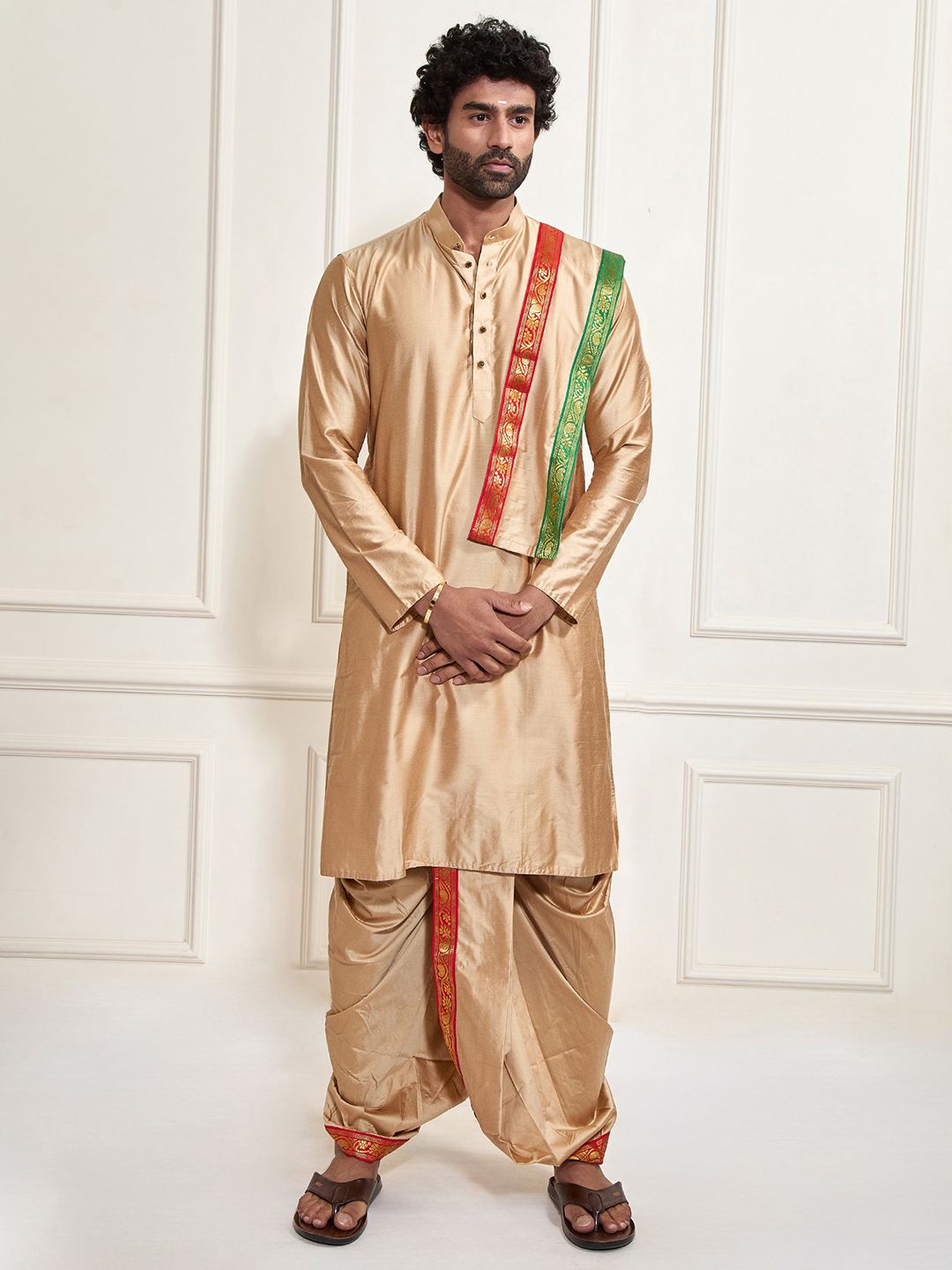 VASTRAMAY Men Beige Kurta with Dhoti Pants & With Dupatta