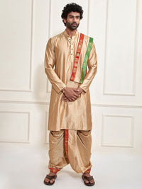 VASTRAMAY Men Beige Kurta with Dhoti Pants & With Dupatta