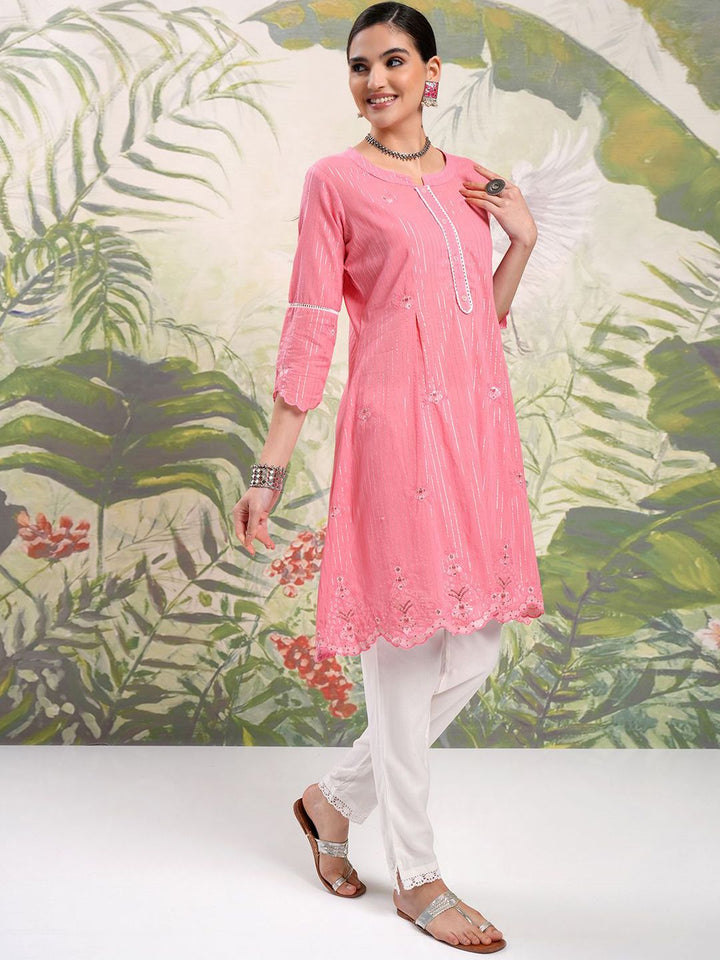 Vishudh Pink Floral Embroidered Thread Work Pure Cotton A-Line Kurta With Trousers