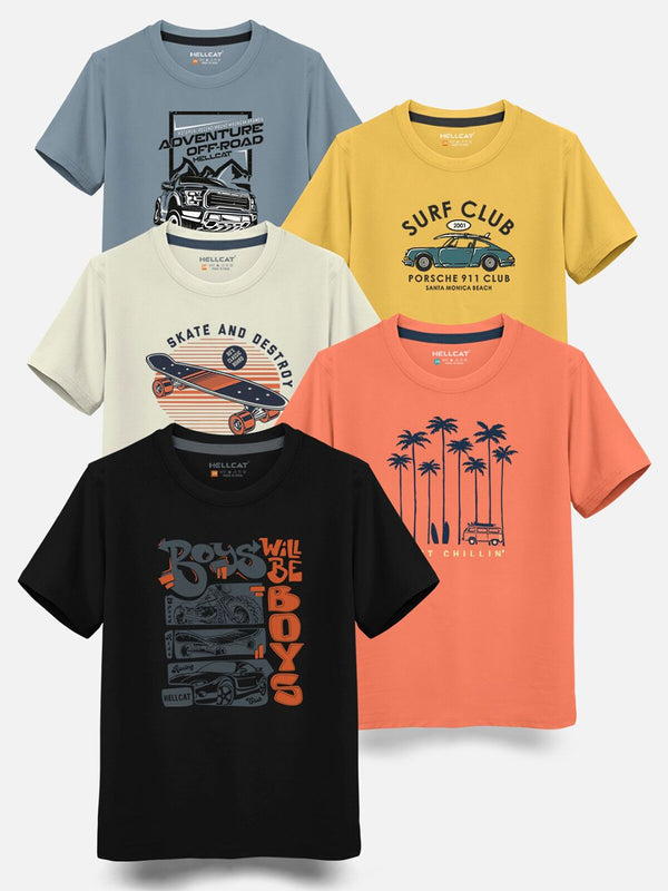 HELLCAT Boys Pack Of 5 Typography Printed Cotton T-shirt
