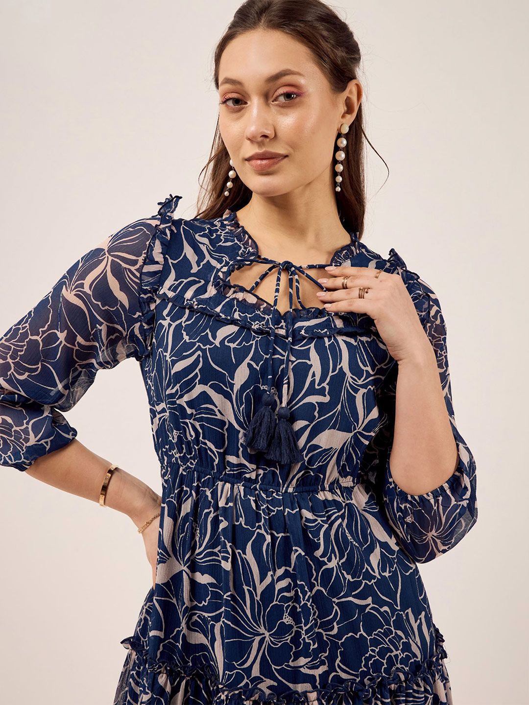 Antheaa Blue Floral Print Tie-Up Neck Cuffed Sleeves Chiffon Fit & Flare Dress
