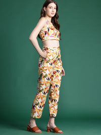 DressBerry Floral Print Crop Top With Trousers & Shirt