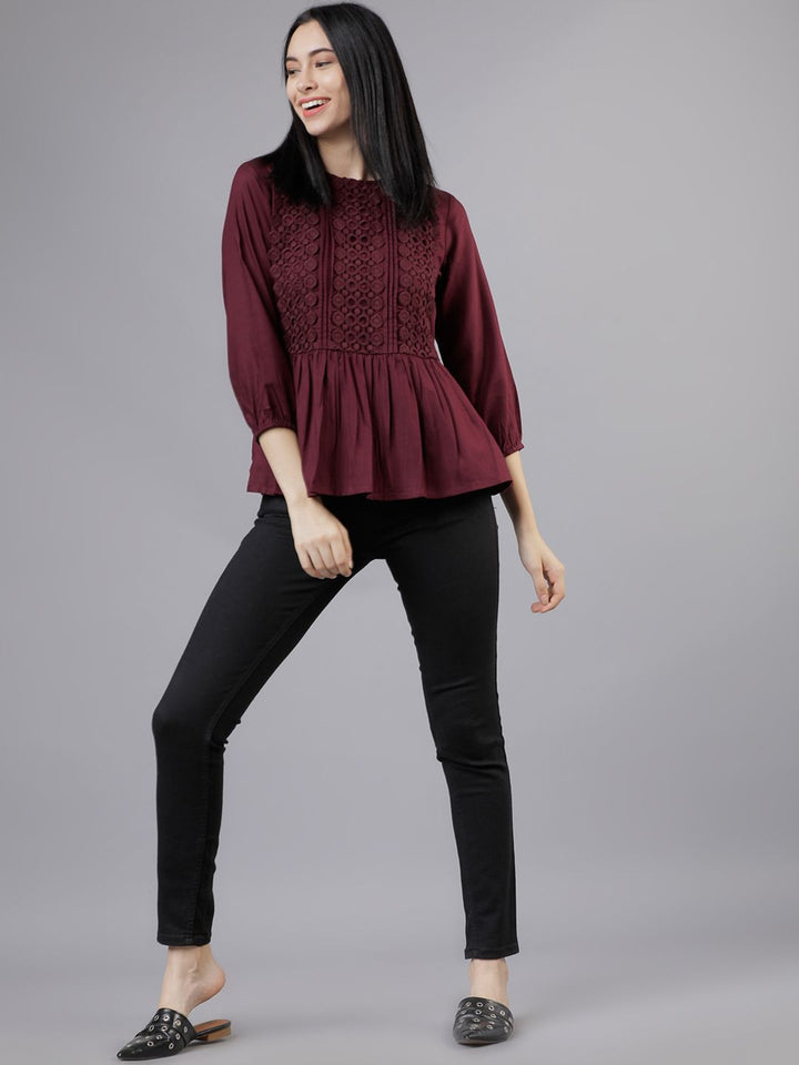 Tokyo Talkies Burgundy Lace Inserts Peplum Top